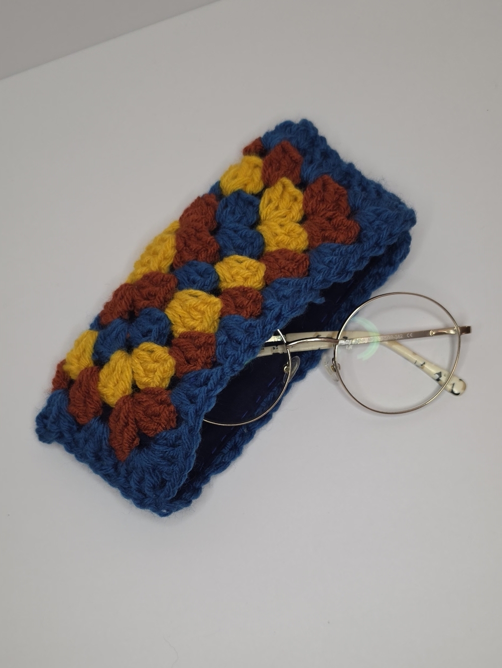 Handmade Crocheted Glasses Case - Blue, Mustard & Rust
